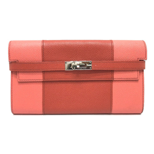 HERMES Long Wallet Purse Epsom pink Long wallet Kelly Wallet Flag Women Used Authentic