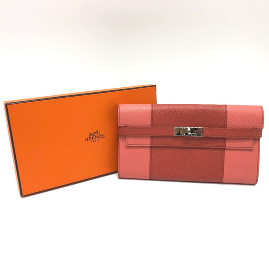 HERMES Long Wallet Purse Epsom pink Long wallet Kelly Wallet Flag Women Used Authentic