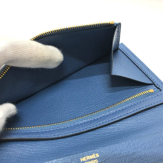HERMES Long Wallet Purse Shave blue Long wallet Beansufla Women Secondhand Authentic