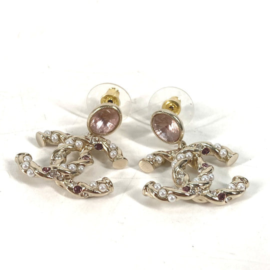 CHANEL Pierce ABB511 metal gold 23B CC COCO Mark Rhinestone Faux Pearl Women Used Authentic