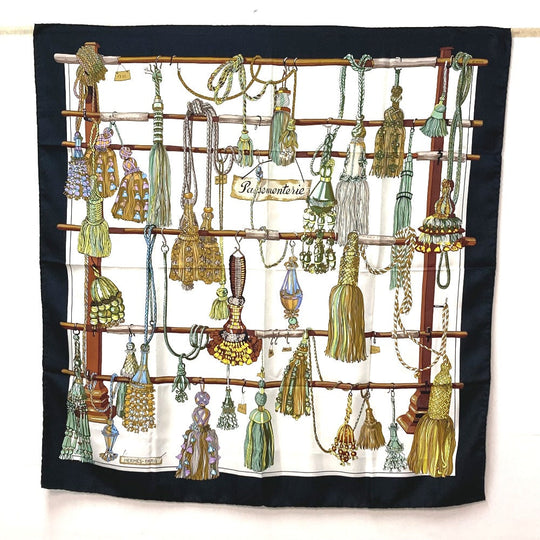 HERMES scarf silk Navy Pasementerie string decoration Carre90 Women Secondhand Authentic