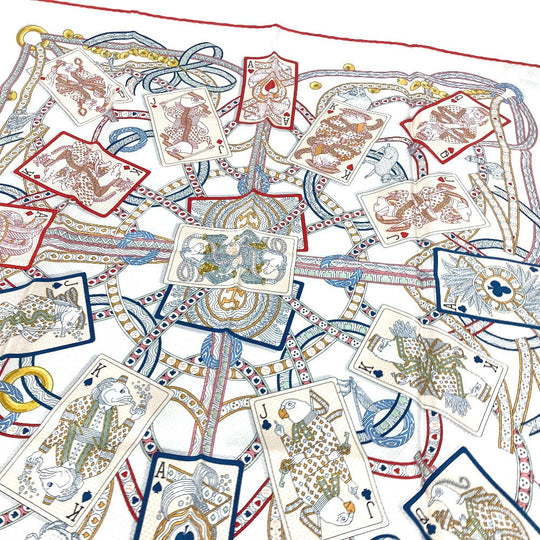 HERMES scarf silk white Carre70 PIQUE DAME DE COEUR Piqu Queen of Hearts Women Used Authentic