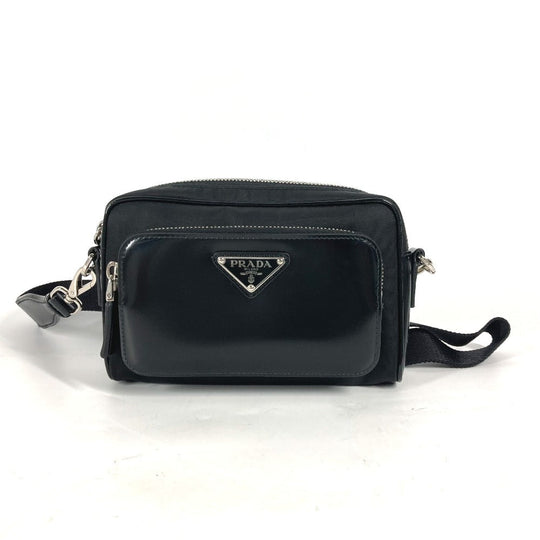 PRADA Shoulder Bag 2VH172 Leather / nylon black With porch Triangle logo plate