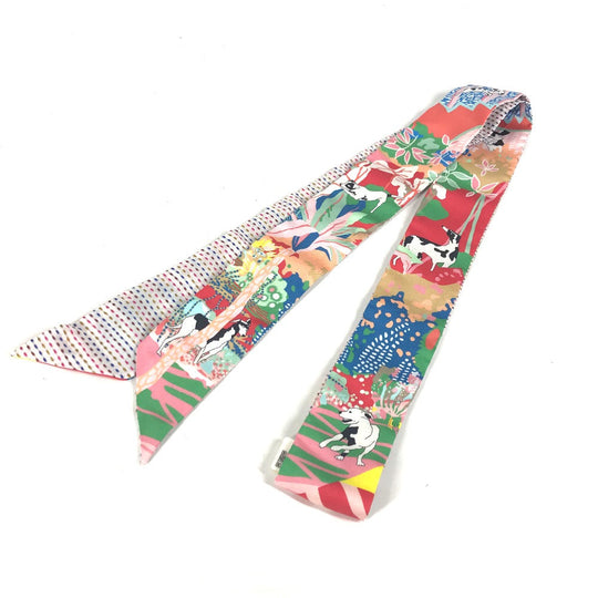HERMES scarf silk multicolor Embroidery dog puppy dog Twilly Twins Women Used Authentic