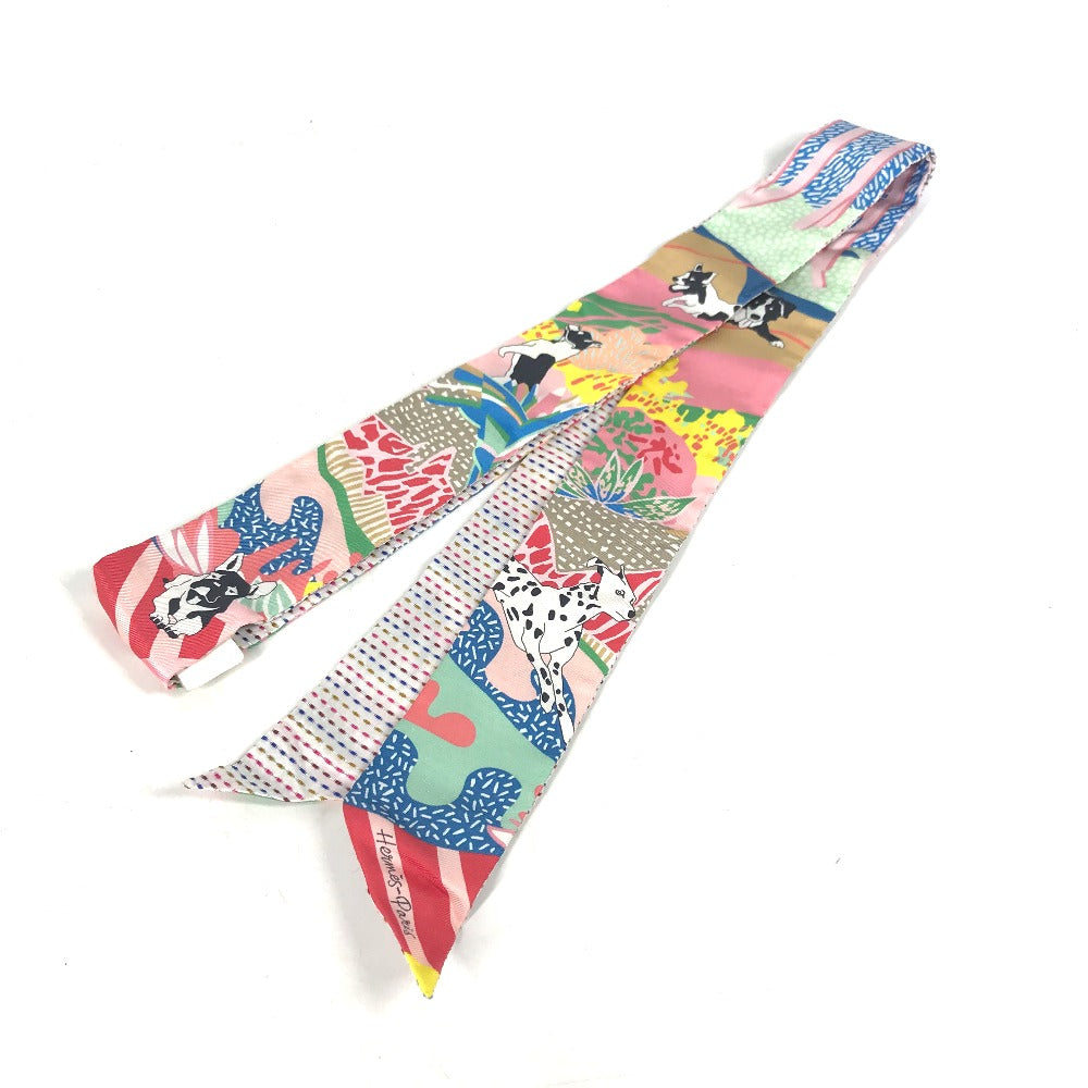 HERMES scarf silk multicolor Embroidery dog puppy dog Twilly Twins Women Used Authentic