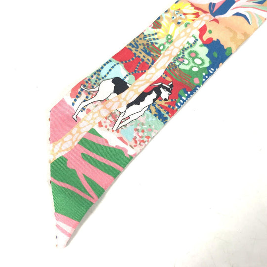 HERMES scarf silk multicolor Embroidery dog puppy dog Twilly Twins Women Used Authentic