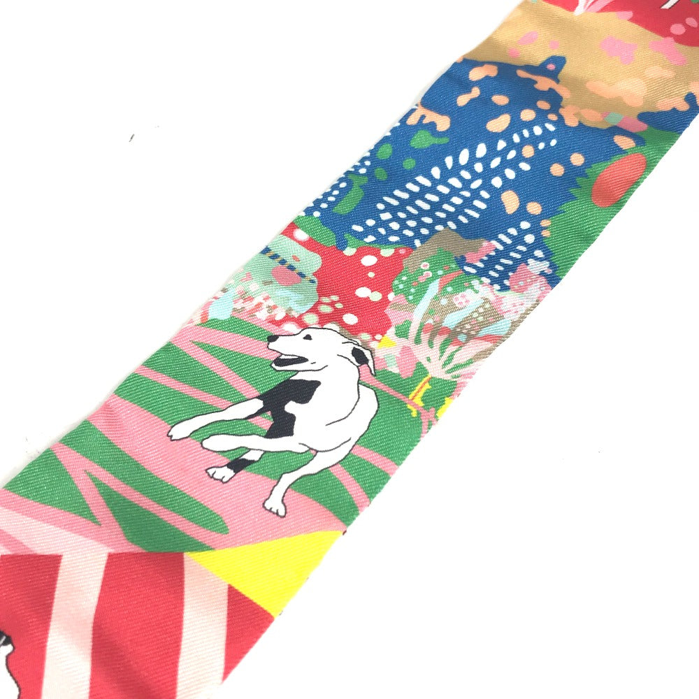 HERMES scarf silk multicolor Embroidery dog puppy dog Twilly Twins Women Used Authentic