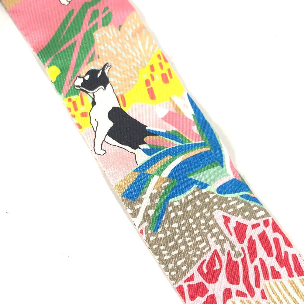 HERMES scarf silk multicolor Embroidery dog puppy dog Twilly Twins Women Used Authentic