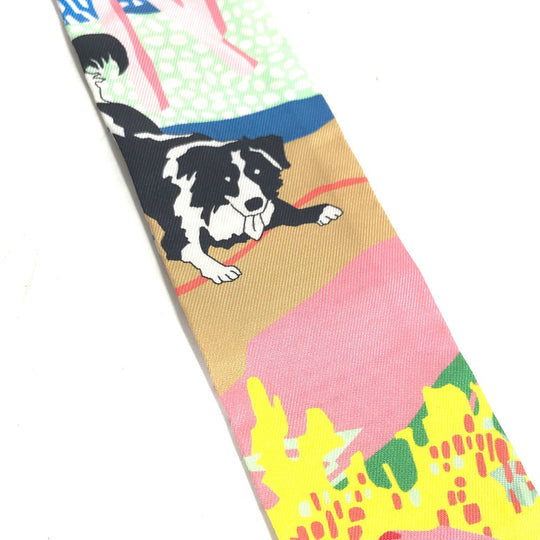 HERMES scarf silk multicolor Embroidery dog puppy dog Twilly Twins Women Used Authentic