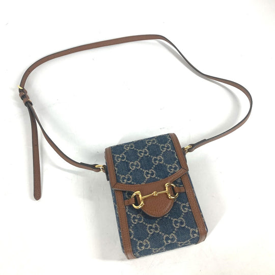 GUCCI Shoulder Bag 625615 Denim, Leather Blue x brown GG denim Horsebit 1955 mini bag Women Used Authentic