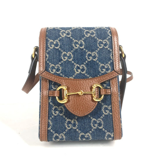 GUCCI Shoulder Bag 625615 Denim, Leather Blue x brown GG denim Horsebit 1955 mini bag Women Used Authentic