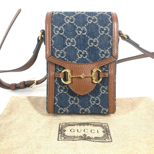GUCCI Shoulder Bag 625615 Denim, Leather Blue x brown GG denim Horsebit 1955 mini bag Women Used Authentic