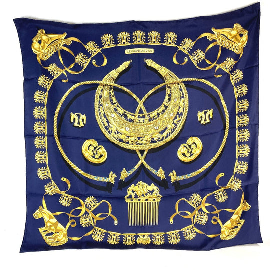 HERMES scarf silk Navy x gold LES CAVALIERS D'OR Golden knight Women Used Authentic