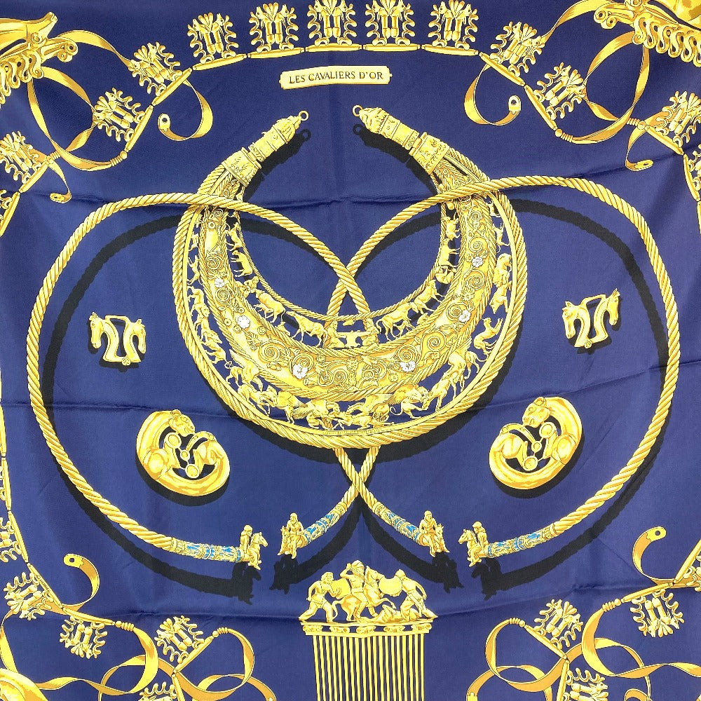 HERMES scarf silk Navy x gold LES CAVALIERS D'OR Golden knight Women Used Authentic