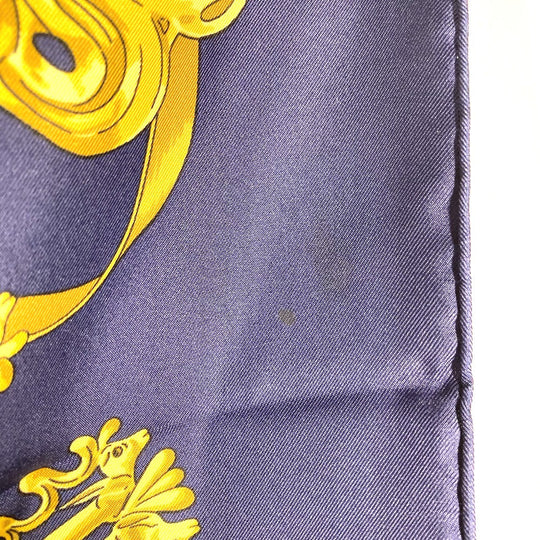 HERMES scarf silk Navy x gold LES CAVALIERS D'OR Golden knight Women Used Authentic