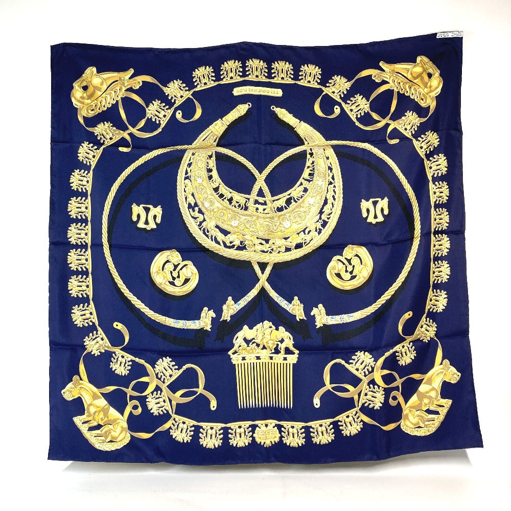 HERMES scarf silk Navy x gold LES CAVALIERS D'OR Golden knight Women Used Authentic