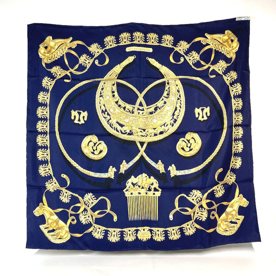 HERMES scarf silk Navy x gold LES CAVALIERS D'OR Golden knight Women Used Authentic