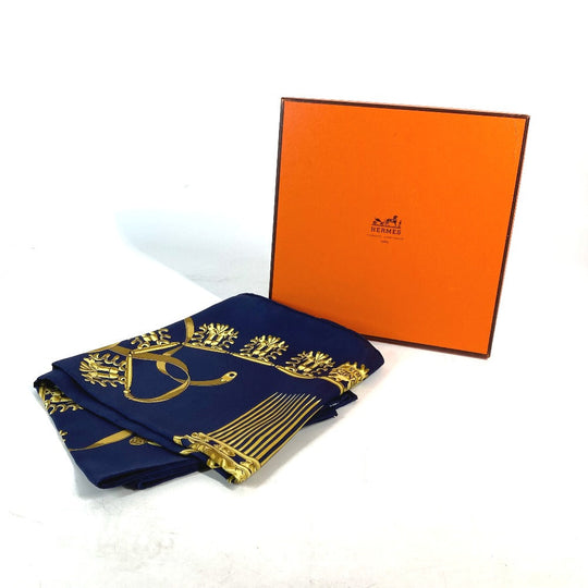 HERMES scarf silk Navy x gold LES CAVALIERS D'OR Golden knight Women Used Authentic