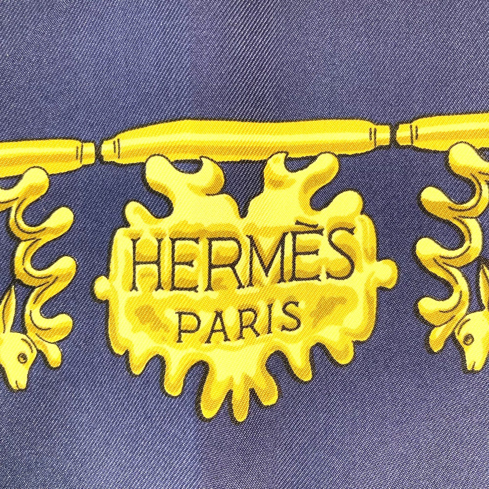 HERMES scarf silk Navy x gold LES CAVALIERS D'OR Golden knight Women Used Authentic