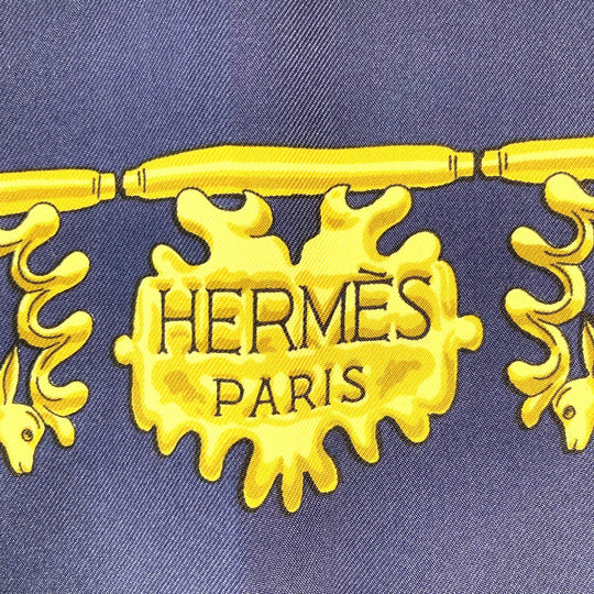 HERMES scarf silk Navy x gold LES CAVALIERS D'OR Golden knight Women Used Authentic