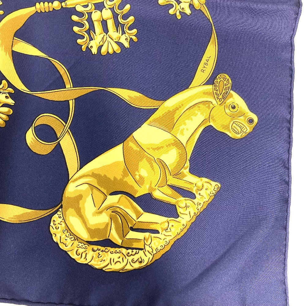 HERMES scarf silk Navy x gold LES CAVALIERS D'OR Golden knight Women Used Authentic