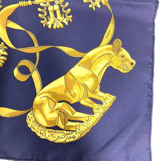 HERMES scarf silk Navy x gold LES CAVALIERS D'OR Golden knight Women Used Authentic