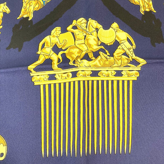 HERMES scarf silk Navy x gold LES CAVALIERS D'OR Golden knight Women Used Authentic