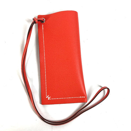 HERMES glasses case Calfskin Orange strap Hserie Women Used Authentic