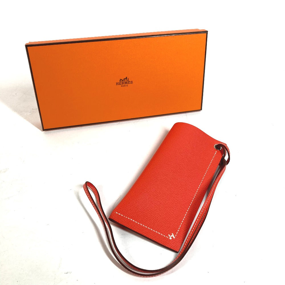 HERMES glasses case Calfskin Orange strap Hserie Women Used Authentic