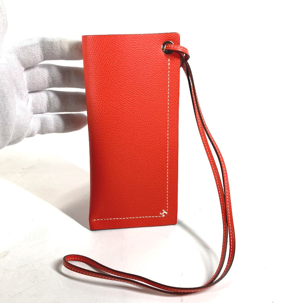 HERMES glasses case Calfskin Orange strap Hserie Women Used Authentic