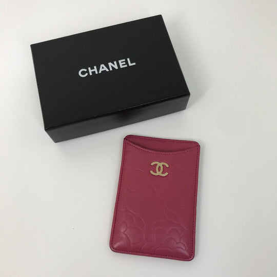 CHANEL Card Case lambskin pink CC COCO Mark Camellia smartphone case Women Used Authentic