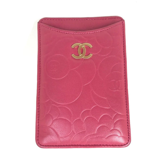 CHANEL Card Case lambskin pink CC COCO Mark Camellia smartphone case Women Used Authentic