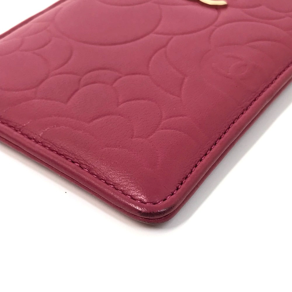 CHANEL Card Case lambskin pink CC COCO Mark Camellia smartphone case Women Used Authentic