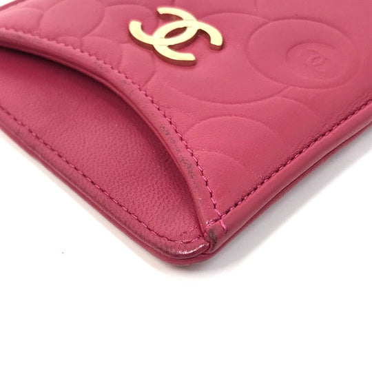 CHANEL Card Case lambskin pink CC COCO Mark Camellia smartphone case Women Used Authentic