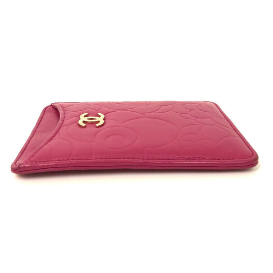 CHANEL Card Case lambskin pink CC COCO Mark Camellia smartphone case Women Used Authentic