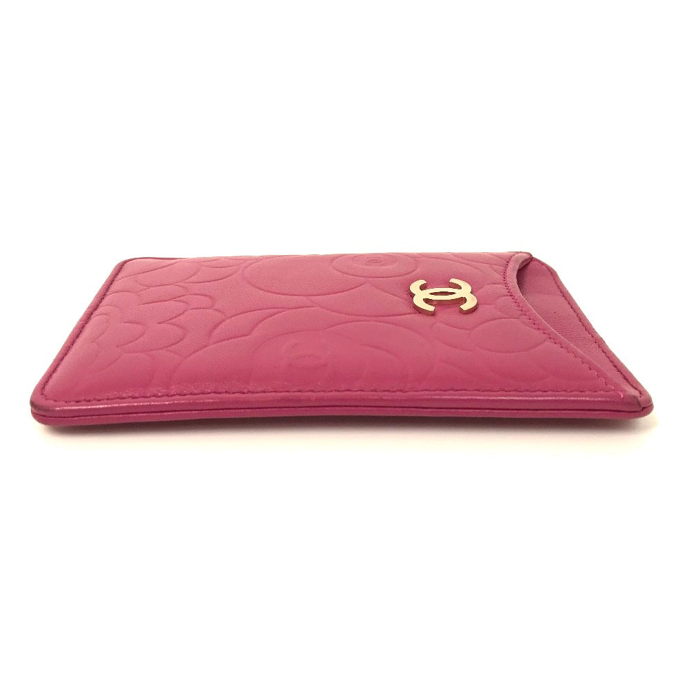 CHANEL Card Case lambskin pink CC COCO Mark Camellia smartphone case Women Used Authentic