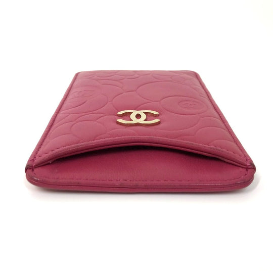 CHANEL Card Case lambskin pink CC COCO Mark Camellia smartphone case Women Used Authentic