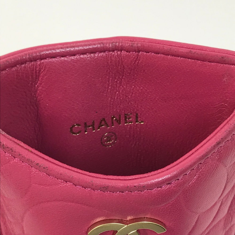 CHANEL Card Case lambskin pink CC COCO Mark Camellia smartphone case Women Used Authentic