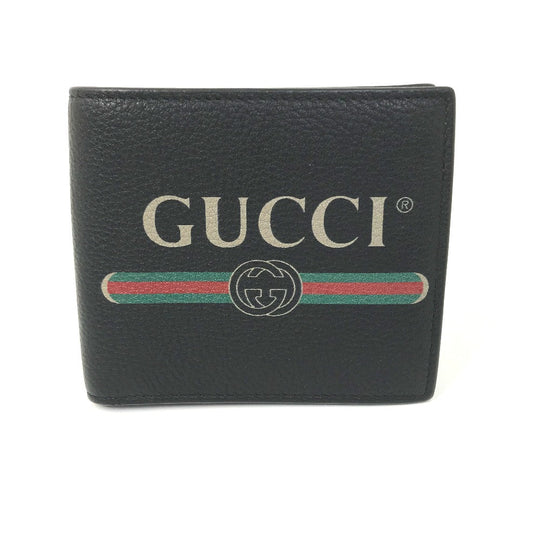 GUCCI Folded wallet 496316 leather black Vintage logo print mens Used Authentic