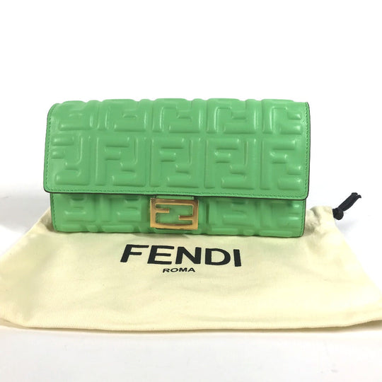 FENDI Long Wallet Purse 8M0251 leather green Baguette Continental Wallet Women Used Authentic