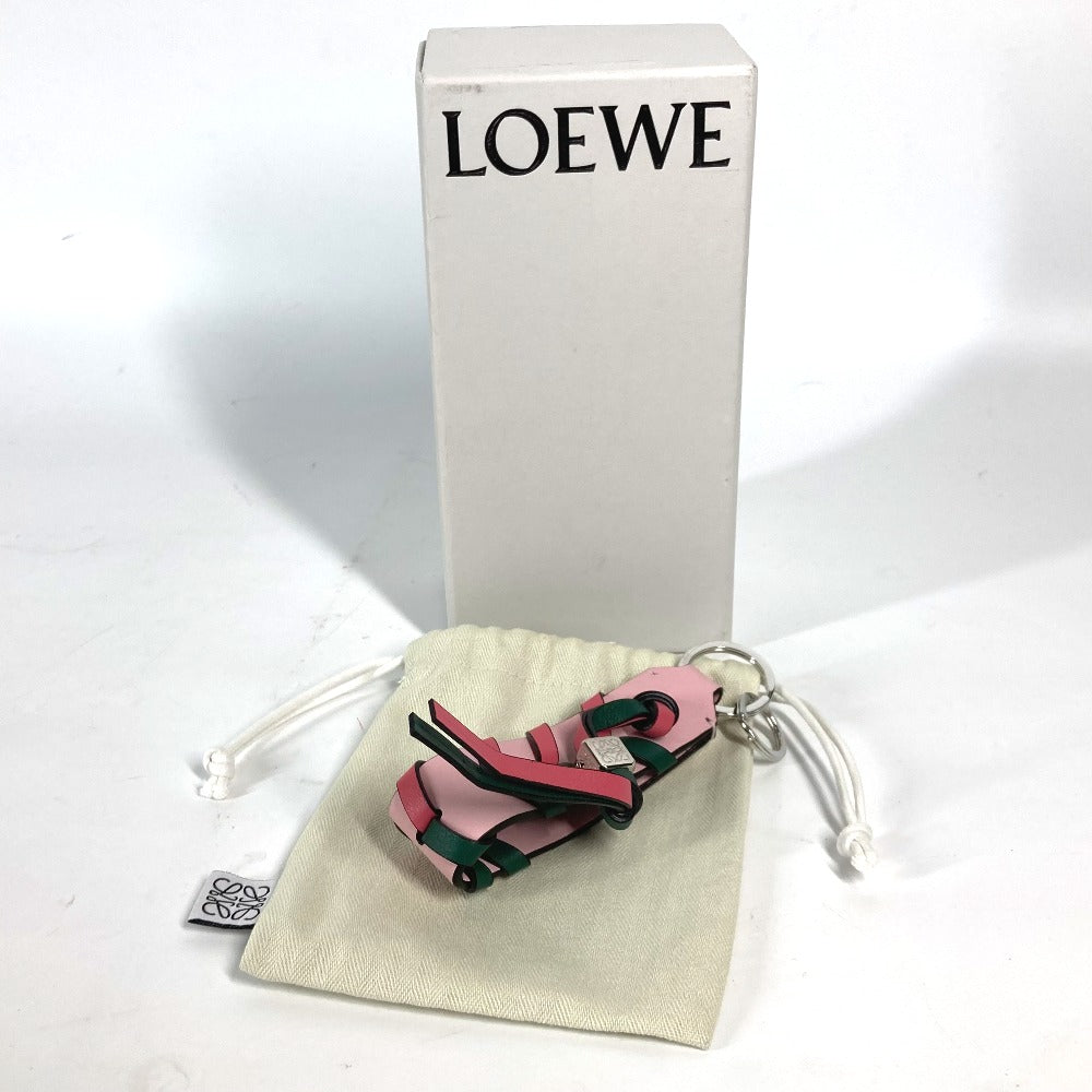 LOEWE key ring leather Pink x green logo anagram bicolor braided strap Women Used Authentic
