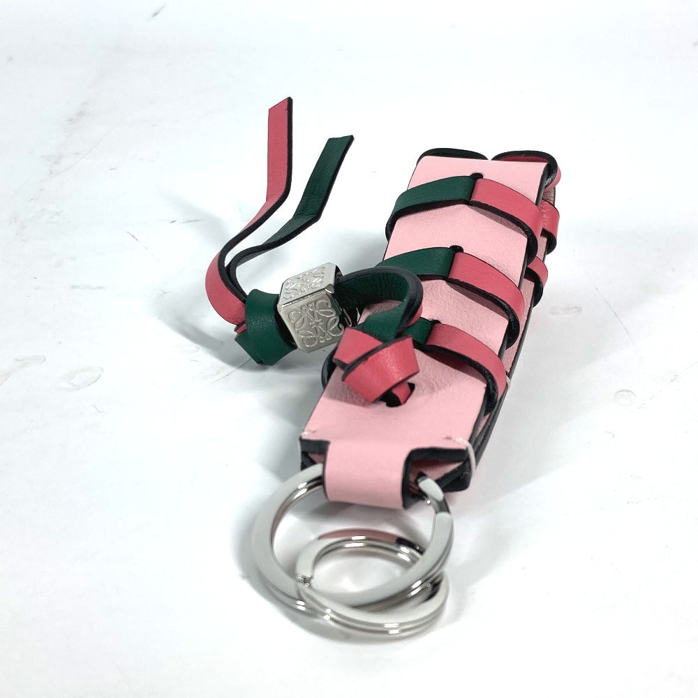 LOEWE key ring leather Pink x green logo anagram bicolor braided strap Women Used Authentic