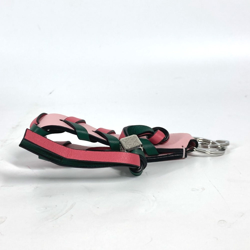 LOEWE key ring leather Pink x green logo anagram bicolor braided strap Women Used Authentic