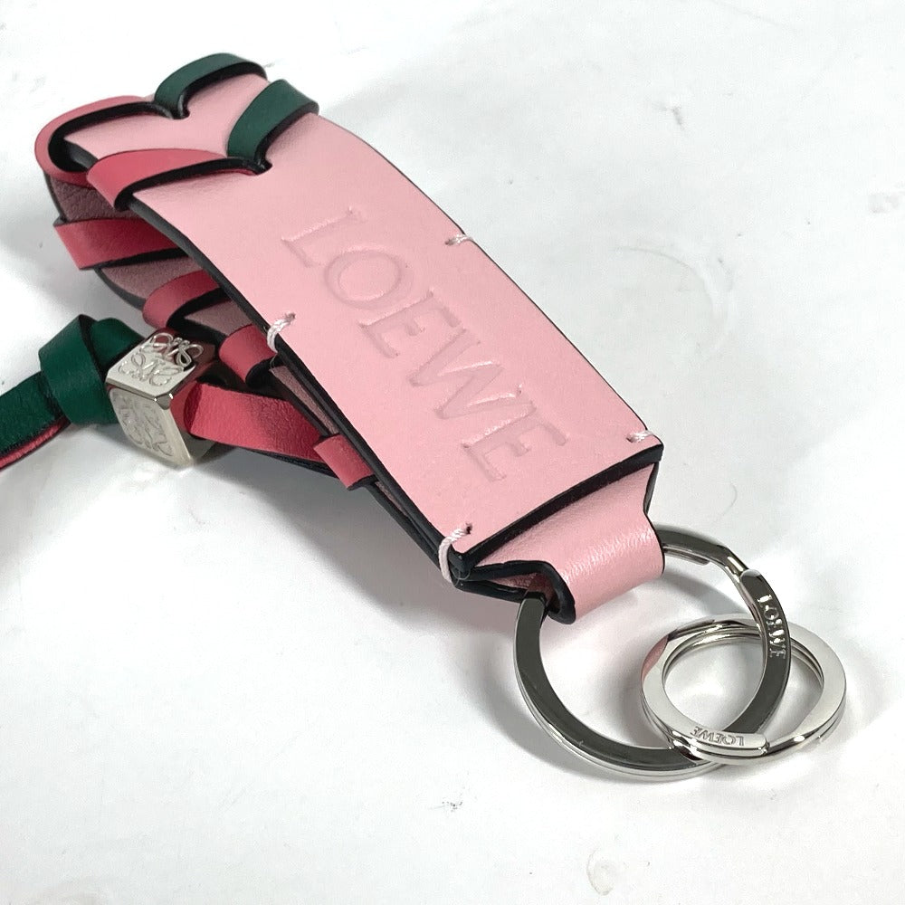 LOEWE key ring leather Pink x green logo anagram bicolor braided strap Women Used Authentic