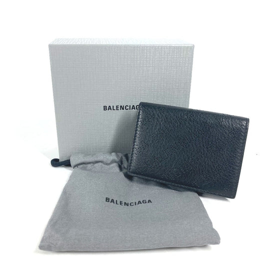BALENCIAGA Trifold wallet 594312 leather black logo CASH Mini Wallet mens Used Authentic