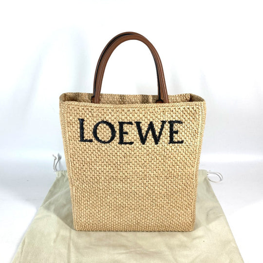LOEWE Tote Bag Raffia Beige x brown logo Standard A4 vertical Women Used Authentic
