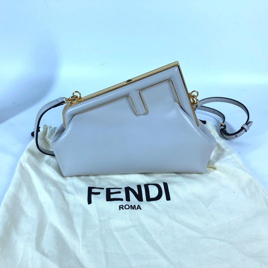 FENDI Clutch bag 8BP129 leather White gray type Shoulder Crossbody Pochette first small Women Used Authentic