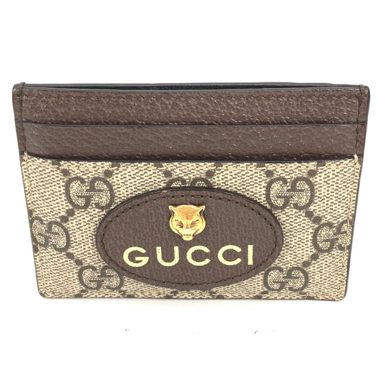 GUCCI Card Case 597557 GG Supreme Canvas Brown x yellow GG Supreme Cat Head Cat neo vintage mens Used Authentic