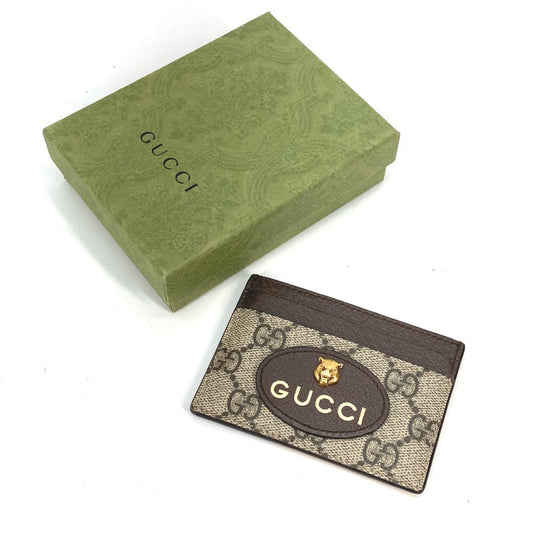 GUCCI Card Case 597557 GG Supreme Canvas Brown x yellow GG Supreme Cat Head Cat neo vintage mens Used Authentic