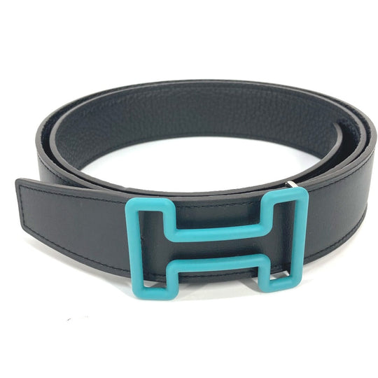 HERMES belt Boxcalf, Togo Black x blue H buckle Tonight mens 90 Used Authentic